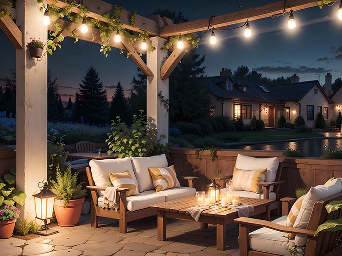 Patio looking out to neighborhood with gazebo, string lights, brown wood furniture decorated with white and yellow cushions at night. 